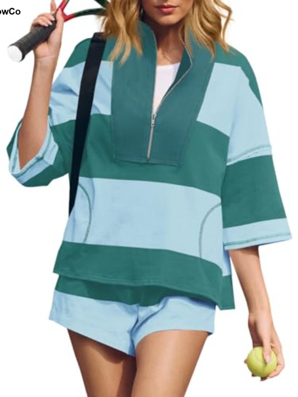 Womens Striped 2 Piece Workout Set Quarter Zip Top High Waist Shorts
